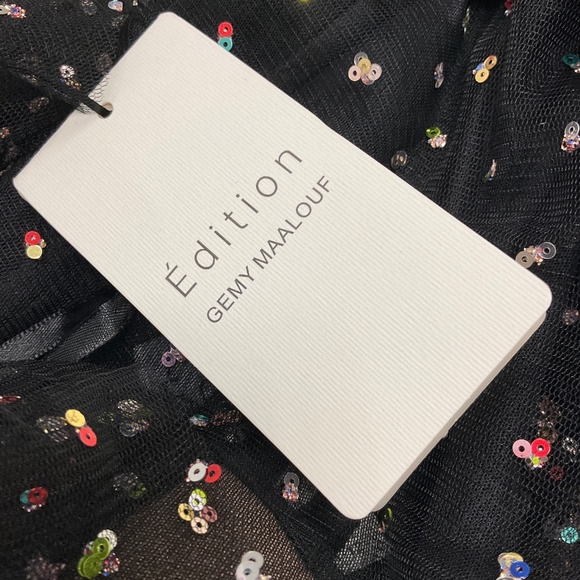 GEMY MAALOUF BLACK SEQUINED TIERED MESH TULLE COCKTAIL DRESS - Picture 5 of 5